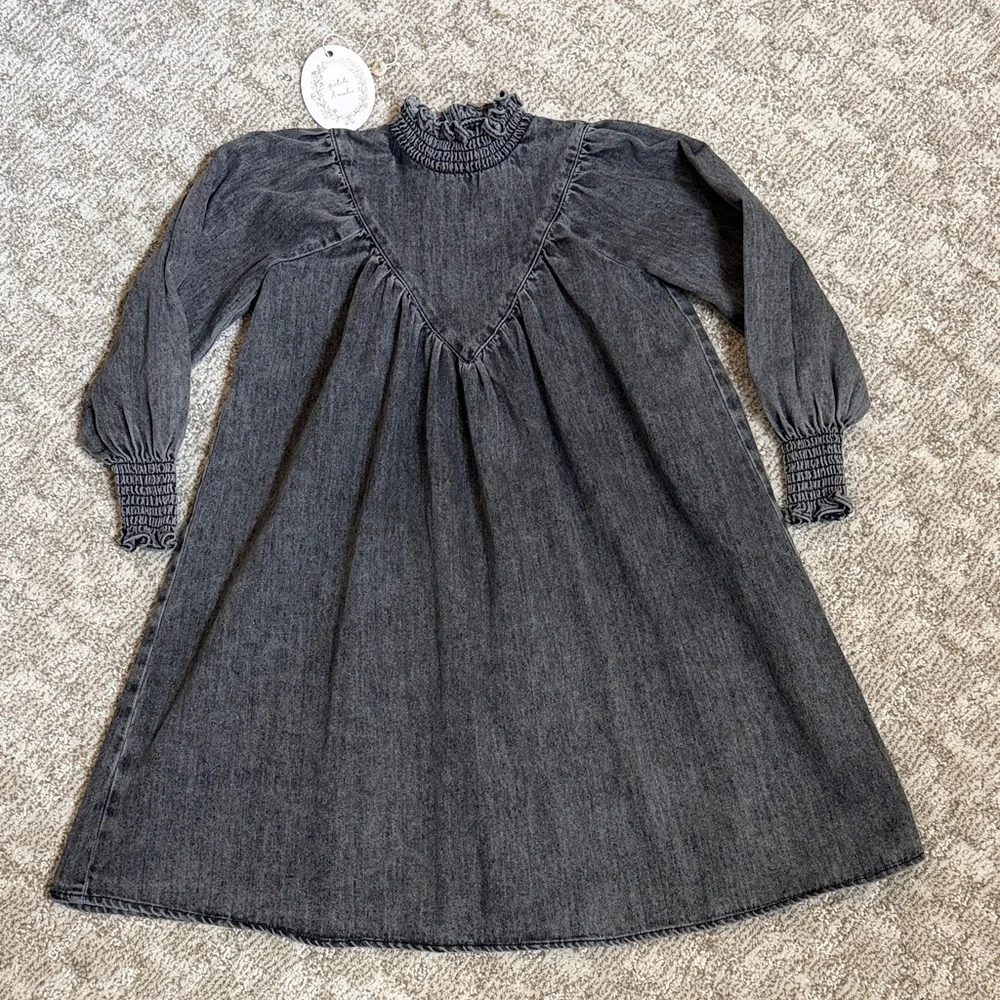 Petite Amalie Girls’ Black Wash Chambray Shirred Neck Babydoll Dress—5Y